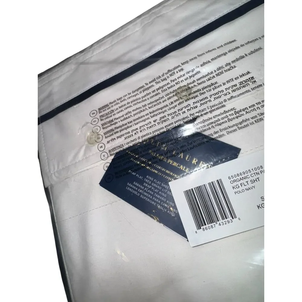 NEW Ralph Lauren King Flat Sheet Palmer White Polo Navy Organic Cotton Old Money
